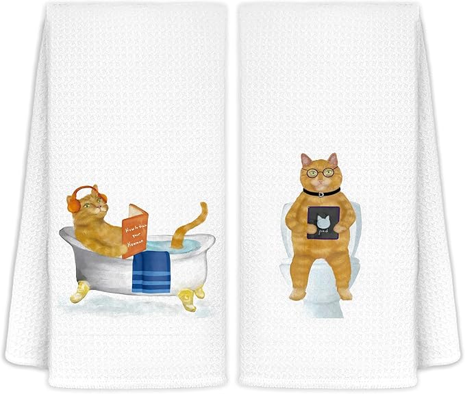 Jvpke Funny Cat Towel for Bathroom Set of 2 - Orange Cat Decor, Cat Funny Hand Towels for Bathroom Kitchen, Cat Towels for Cat Lovers, Cat Bathroom Decor, Orange Cat Gifts for Women Cat Lovers, 16x24