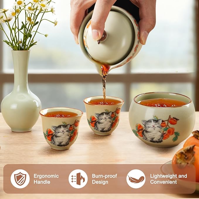 Mini Tea Cups,Cute Lucky Cat Cups,Small Tea Mugs,Porcelain Gongfu Tea set with 3 in 1,Tea Sets for Adults,Ceramic Tea Infuser Cup for Loose Leaf for Women/Tea Lovers/Birthday/Mother's Day (Green)