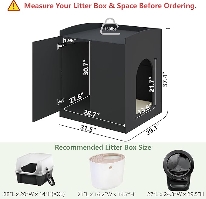 Extra Large Litter Box Enclosure with Cat Scratch Mat - Designed for Self-Cleaning and XXL Litter Boxes (Black)