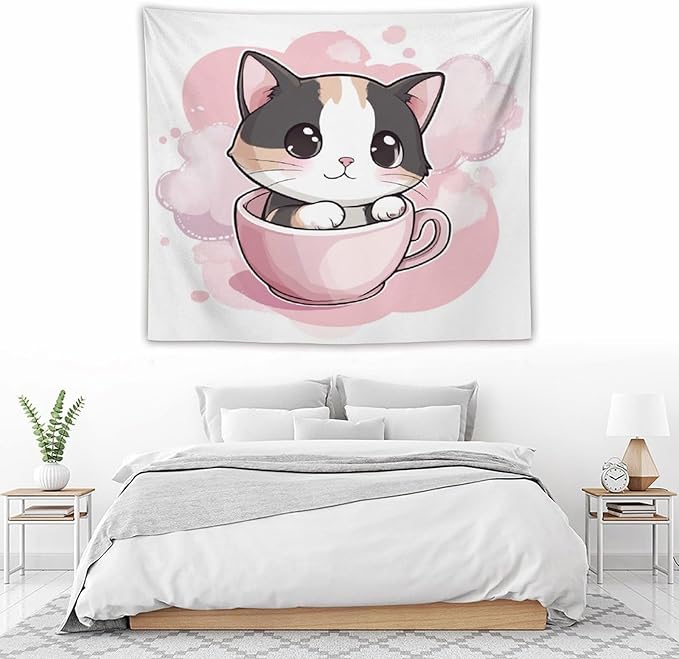 MaSiledy Wall Tapestries Kawaii Cat Tapestry Cute Cat Kitten Bedroom Tapestries Wall Art for Home Decor 50"x60" Wall Hanging for Home Decor Bedroom Living Room Dorm Decor