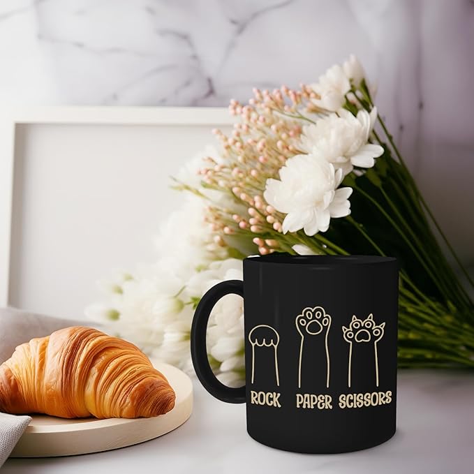 Cat Paw Black Mugs - Cute Paw Designs for Cat Lovers, Rock Paper Scissors Mug 11oz