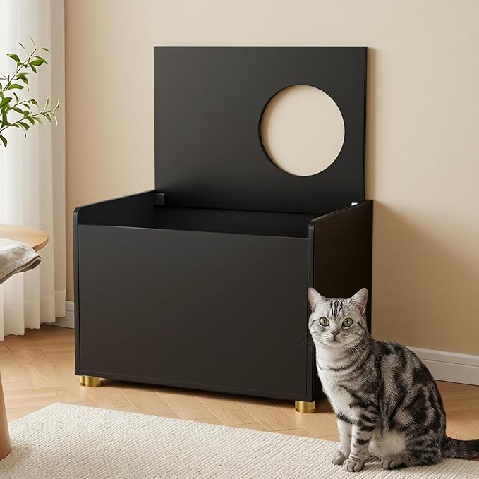 Top Entry Litter Box Enclosure, Flip Top Cat Litter Box Furniture with Scratch Mat, Stylish Hidden Cat Washroom for Large Cats (Black)