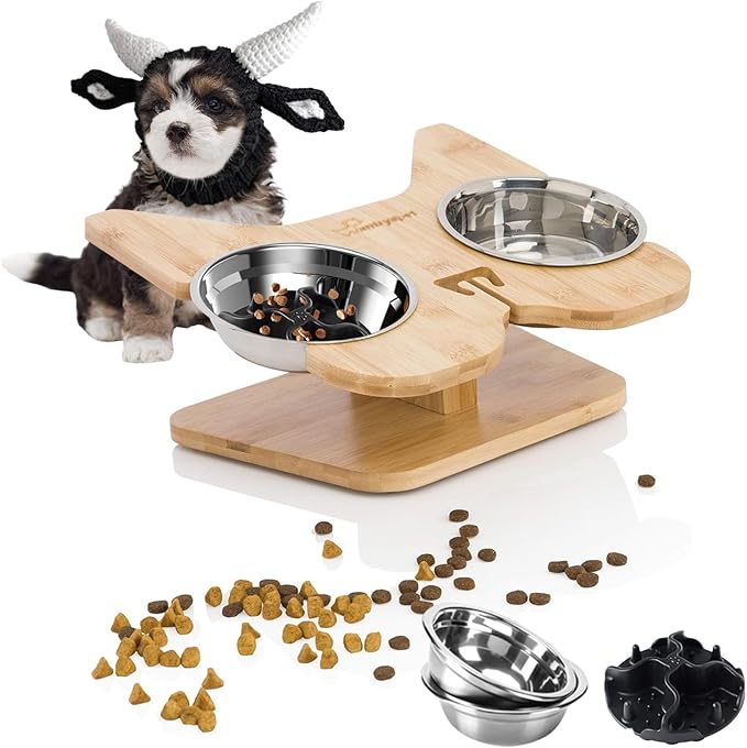 Elevated Dog Bowls Raised Pet Bowl Natural Bamboo Stand with 2 Stainless Steel &1 Slow Feeder Food Bowls Non-Slip Dog Feeder for Puppy Small Dogs and Cats