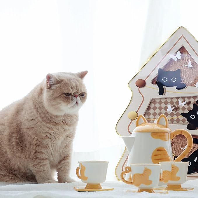 Ceramic Cat Tea Set,Cute Cat Paw Tea Mugs And Saucers Set Of 4,Perfect Cat Themed Gifts,Lovely Cat Decor,Tea Sets for Adults,Excellent Gift Idea For Cat Lovers (Black, 4)