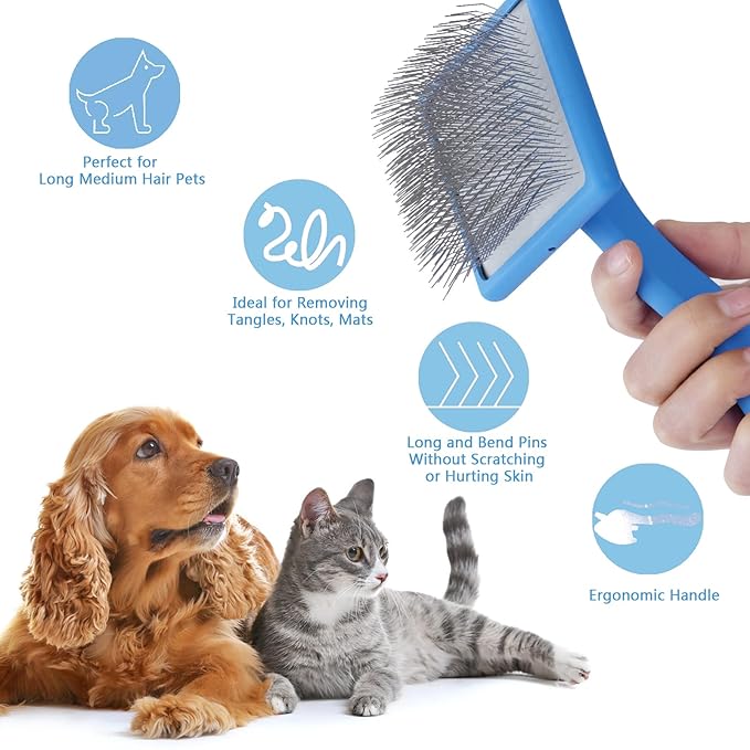 Ergonomic Slicker Brush for Long-Haired Dogs, Wooden Handle Dog Brush,Goldendoodles, Labradoodles, Poodles Long Pins for Grooming Loose Hair，Effectively Removes Tangles, Knots and Loose Fur