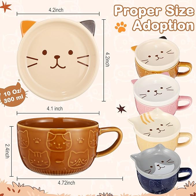 Didaey 4 Set Cute Cat Mug with Lid Ceramic Coffee Tea Mug 10oz Kawaii Kitten Cups for Cat Lovers Funny Novelty Milk Breakfast Cups Nurse Christmas Birthday Gift for Women Wife Mum Friend Men