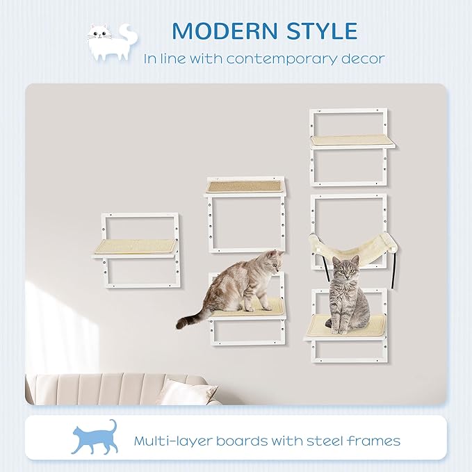 PawHut Cat Shelves for Indoor Kittens, Modern 6Pc Cat Wall Furniture with Adjustable Height Jumping Platforms and Hammock, Cream White