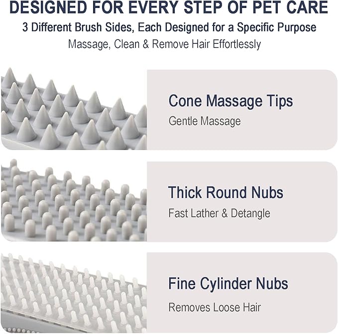 3-in-1 Triangular Dog Bath Brush for Dogs & Cats, Silicone Pet Grooming Brush with Deshedding Bristles, Massage Cones & Deep Cleaning Nubs, Green