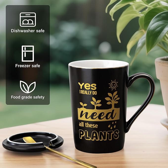 Gardening Gifts for Women Men - Cool Plant Lover Gift Coffee Mug, Garden Gifts for Gardeners, Plant Lady, Mom, Dad, Son, 14oz Black Ceramic Mug with Gold Print, Lid, Spoon Card, Luxury Gift Boxed