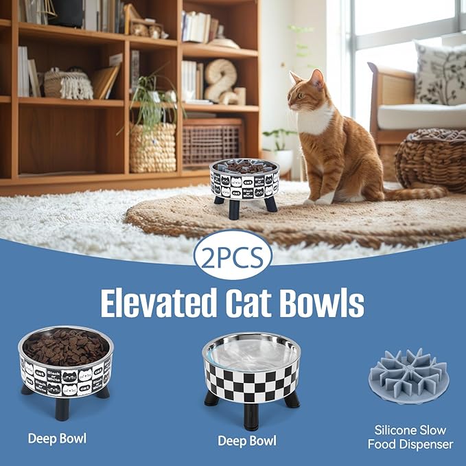2PCS Elevated Cat Bowls with Slow Feeder, Wide Raised Stainless Steel Cat Dishes Plastic Stand Silicone Slow Food Dispenser, Whisker Friendly Pet Water Food Plates Feeding Station Indoor Cats, Kitten