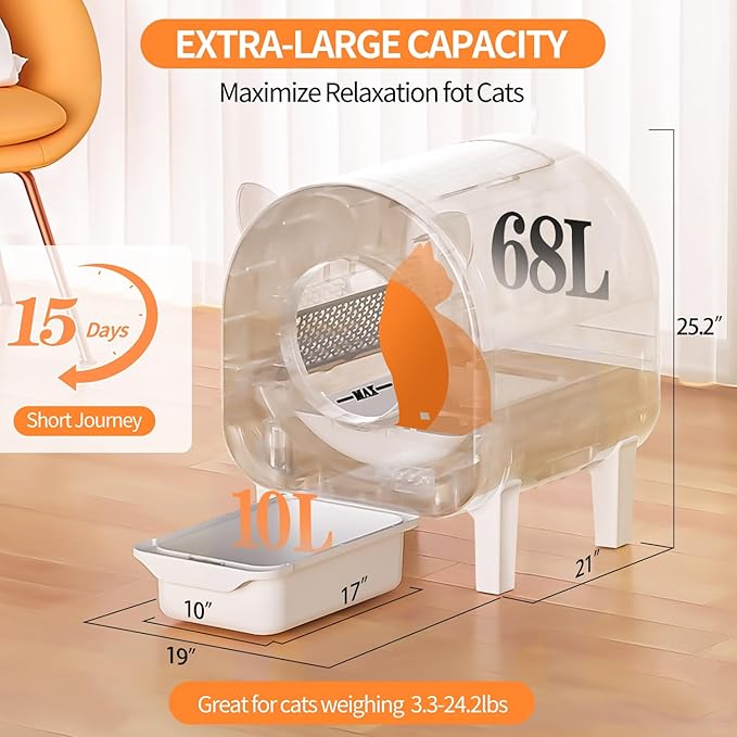 Automatic Self Cleaning Litter Box, 68 L Automatic Cat Litter Box for Multiple Cats, Robot with Dual Safety Protection, APP Control, Odor Removal Smart Litter Boxes, 2 Roll Trash Bags (White)