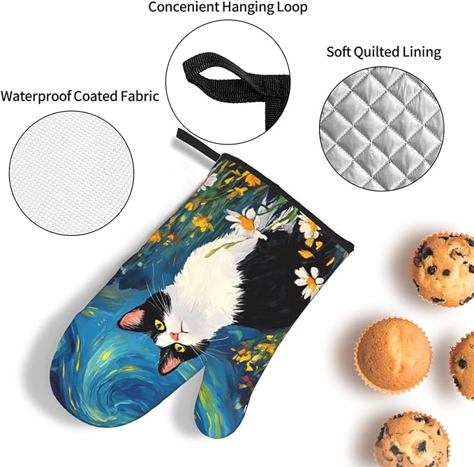 Funny Black Cat Oven Mitts and Hot Pads Set of 3, Abstract Cute Kitchen Mitts and Hot Pads for Baking Cooking Grilling BBQ, Kitchen Baking Gifts for Cat Lover Women Chef Baker