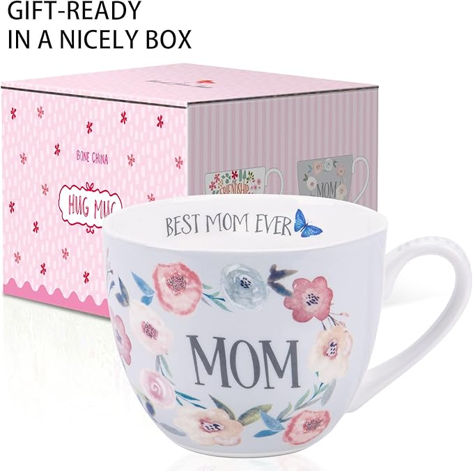 Best Mom Ever Coffee Mug - 20oz Bone China Hug Mug with Floral Design, Thoughtful Mother's Day or Birthday Gifts for Women, Designed in England by Harvest Green Studio