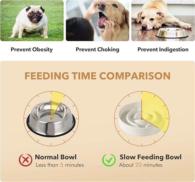 Ceramic 3.2 Cup Dog Bowl Slow Feeder for Large Dog, 9.5inch Pet Slow Dish, Stop Bloat, Preventing Choking(Single Bowl, Vanilla White)