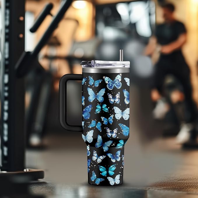 Butterfly Tumbler 40oz with Handle - Blue Butterfly Gifts for Women, Insulated Stainless Steel Water Bottle with Straw, Cute Travel Coffee Mug Cup for Mom Her Birthday Christmas