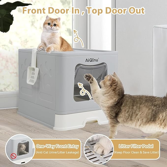 AiQInu Cat Litter Box wtih Lid and Scoop - Foldable Large Enclosed Litter Box with High Sided Enclosure, Front Entry Top Exit, Odor Control, Anti Leakage No Smell, Easy Cleaning Height 15 inches
