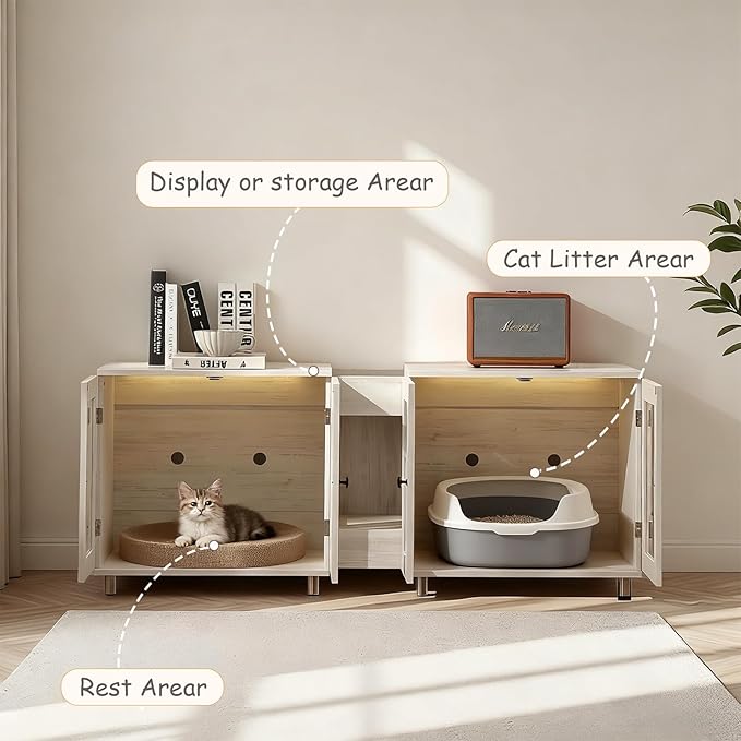 Double Cat Litter Box Enclosure for 2 Cats, Modern Double Litter Furniture with 7-Color LED & Built-in Power Outlet, Large Cozy Cat Space, 4 Glass Doors for Clear Viewing (White)