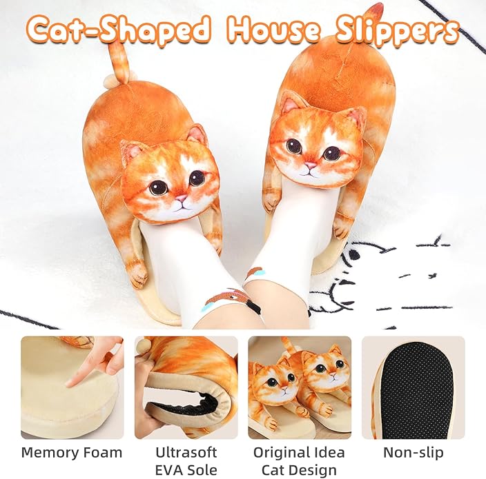 Funny Cat Slippers for Women,Fuzzy Animal Indoor House Shoes with Soft Memory Foam,Comfy Plush Warm Slip-on Slippers,Cat Gifts for Cat Lover