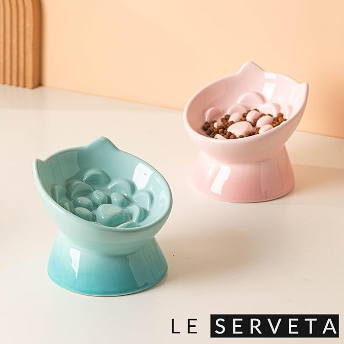 Macarons Series Ceramic Slow Feeder Cat Bowl, Raised Puzzle Feeder, Anti Vomiting Cat Slow Feeding, Elevated Food Bowl, Whisker Friendly Pet Bowl with Cute Ear Design (Gradient Green)