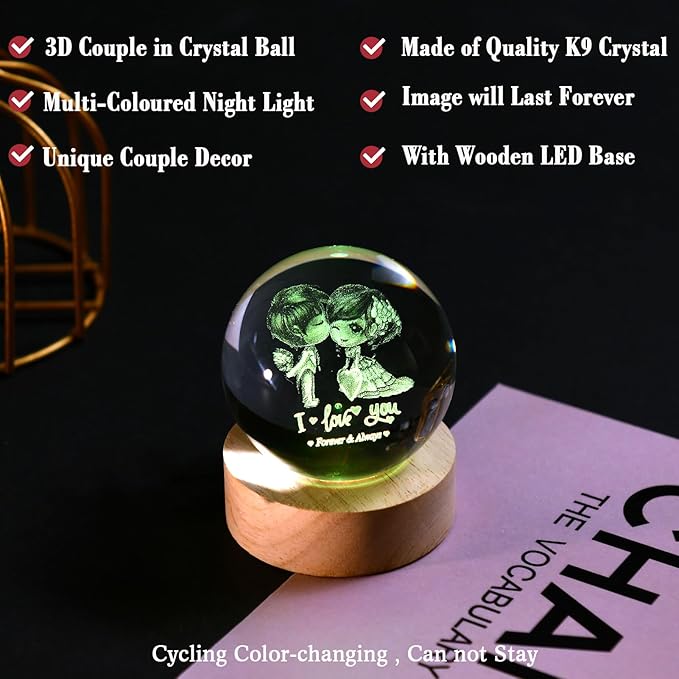 IFOLAINA 3D Couple Crystal Ball Valentine's Gifts for Her 2.36" Engraved Glass Couple Sphere Gifts with Colorful Lighted Base Decorative Glass Ball Romantic Anniversary Decor Wife Birthday Gifts