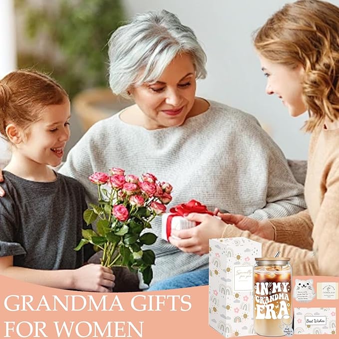 Grandma Birthday Gifts from Granddaughter Grandson, Grandma Christmas Gifts, Thanksgiving Ideas Gift with 16 Oz Glass Cup for Nana GiGi Mimi Grandmother