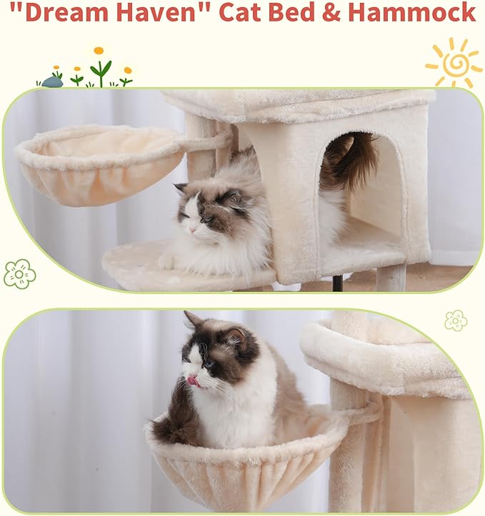 Hey-brother Cat Tree Tower, Scratching Posts with Cozy Condo, Padded Bed, Hammock, Plush Perch, Sisal Post and Ball for Indoor Kittens, 44.9 Inches, Beige MPJ009SM