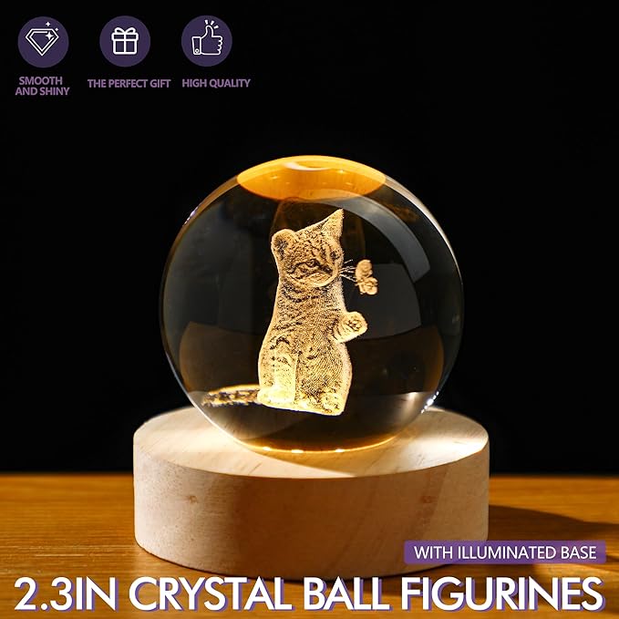 2.3in Crystal Ball for Cat Lovers 3D Glass Engraved Cat Decorative Night Light with Wooden Light Base for Birthday Wedding Housewarming