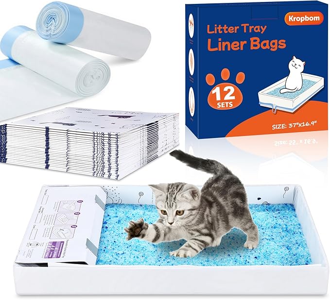 12 Pack Litter Box Liners Compatible with Safe Pets Scoopfree Cat Litter Box Tray Refill, Large Cat Waste Poop Bags with Tear-resistant Cardboard and Drawstring -37" x 16"(Cardboard Included)