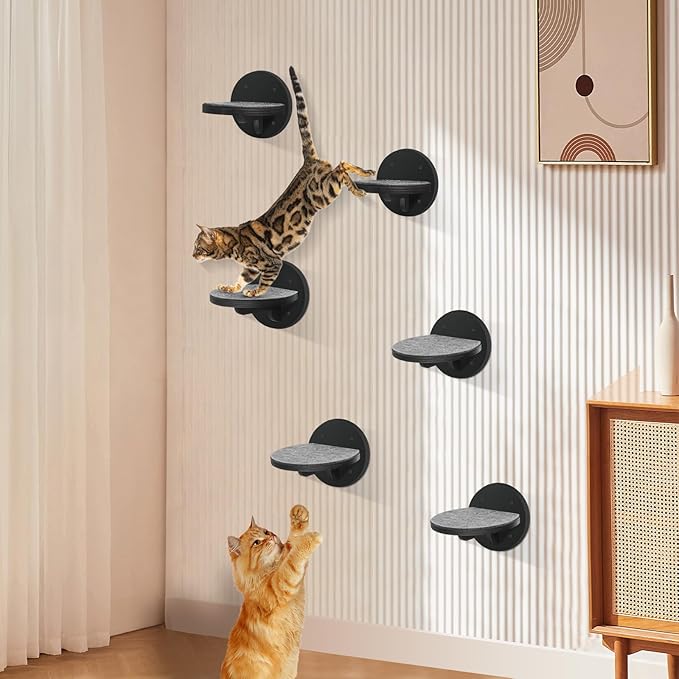Cat Wall Shelves Furniture Set of 6, Wooden Cat Steps for with Scratching Pad, Sturdy Floating Climber Ladder Stairs, Cats Climbing Wall Systems for Cats Sleep Climb Play