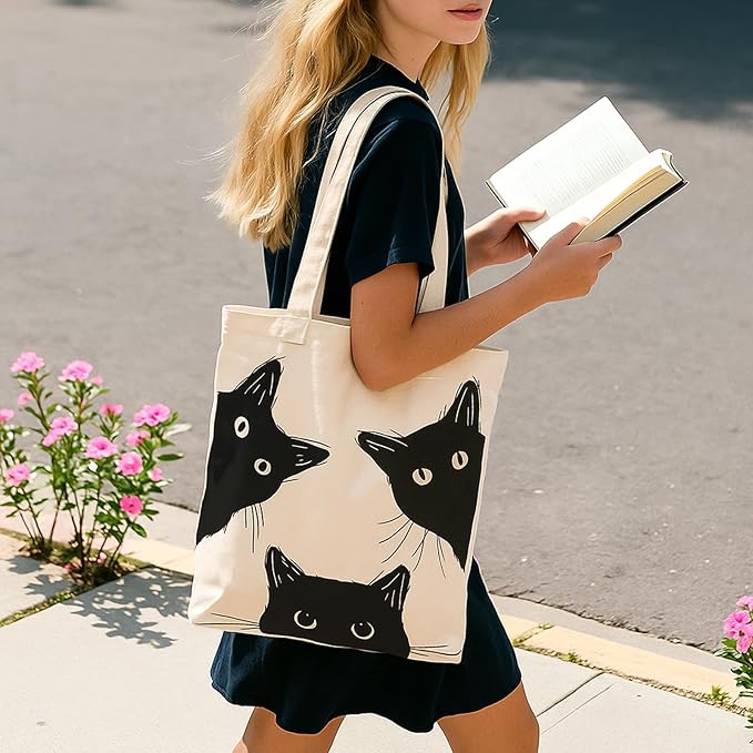 Cat Tote Bag Canvas Cute Black Cat Aesthetic Bag Canvas Bag for Women Cat Lover Gift for Women