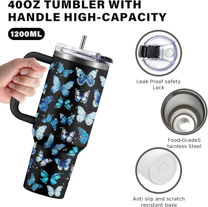 Butterfly Tumbler 40oz with Handle - Blue Butterfly Gifts for Women, Insulated Stainless Steel Water Bottle with Straw, Cute Travel Coffee Mug Cup for Mom Her Birthday Christmas