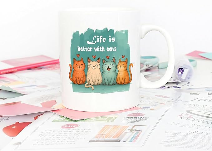 5Aup Cat Owner Coffee Mug Gifts 11 Oz - ‘Life is Better with Cats’ (Even When They’re Little Terrorists), Funny Kitten Design for People Who Speak Cat Code