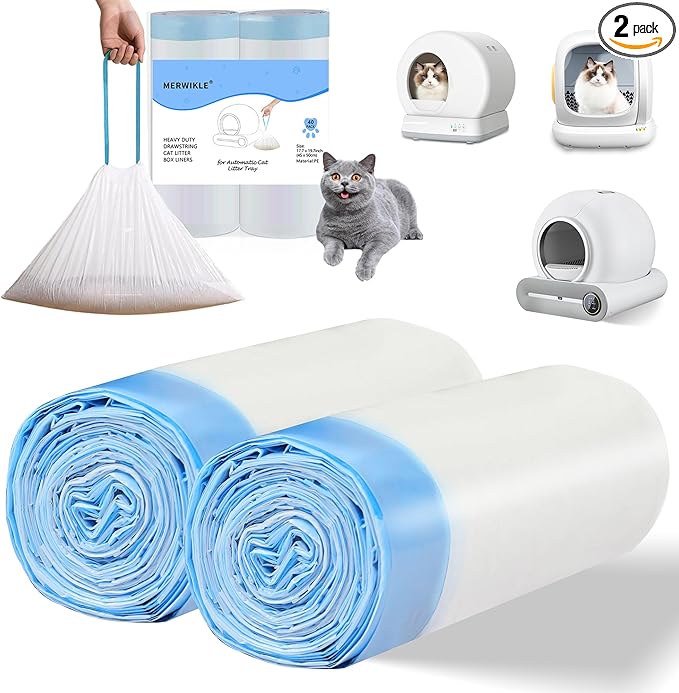 40 Count Self-Cleaning Cat Litter Box Liners Bag Compatible with MW-SC01/MW-SC02/MW-LR01, Drawstring Heavy Duty Cat Litter Receptacles Bags Fit For Automatic Pet Litter Box-17.7" * 19.7"