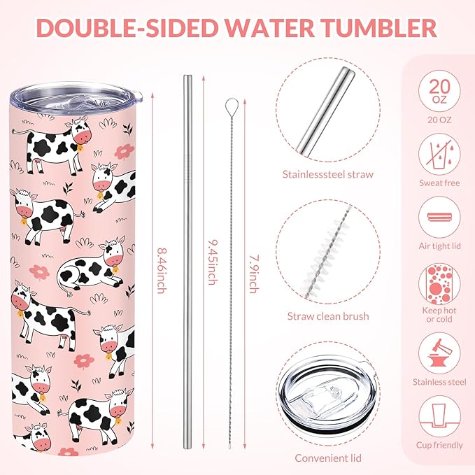 Funnymoom 2 Pack Cute Cow Gifts Set Skinny Tumbler 20 oz Travel Coffee Mug Novelty Cute Animals Socks, Christmas Birthday Party Gifts for Cow Themed