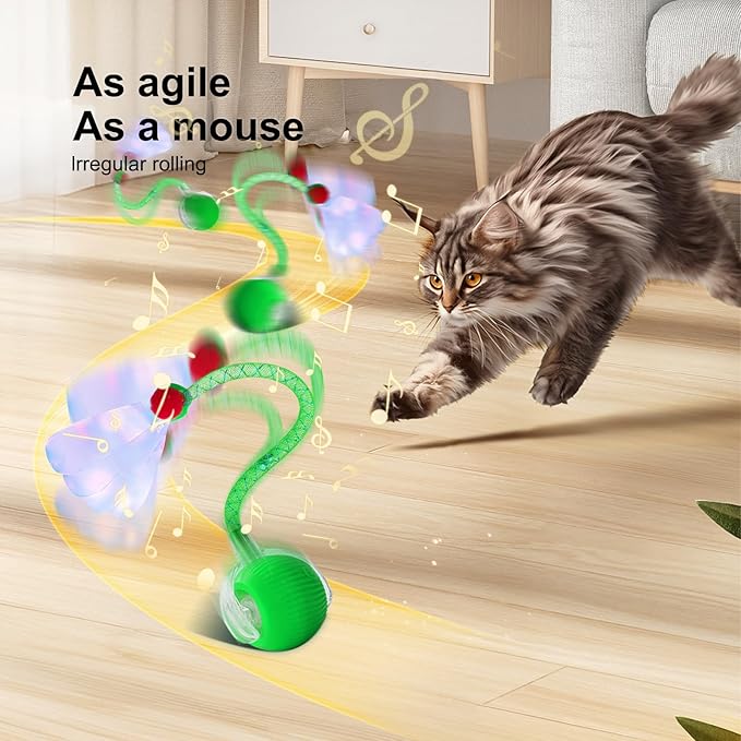 Interactive Cat Toys for Indoor Cats, Speedy 2.0 Cat Toy with Elastic Mesh Tail, Automatic Cat Toy for Bored Indoor Adult Cats, Rechargeable Smart Kitten Moving Ball Toys (Green)