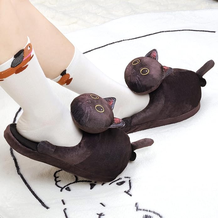 Funny Cat Slippers for Women,Fuzzy Animal Indoor House Shoes with Soft Memory Foam,Comfy Plush Warm Slip-on Slippers,Cat Gifts for Cat Lover