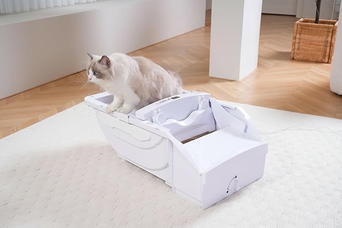 Smart Cat Litter Box Cat Litter Box Wide Opening with Hood Automatic Self-Cleaning WiFi App Control LED Display Extra Large for Cats Up to 90 lbs Cream White