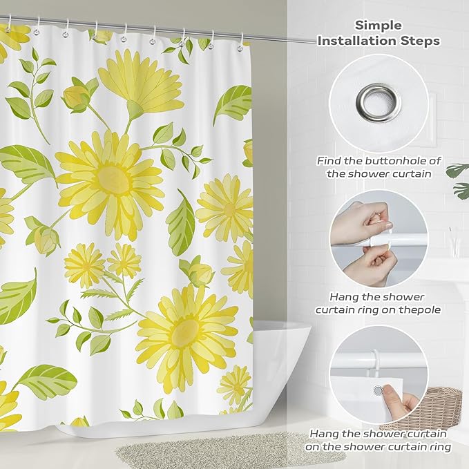 Yellow Daisy Floral Shower Curtain,Spring Summer Sunflower Botanical Waterproof Polyester Fabric Bath Curtain with 12 Hooks,Bright Aesthetic Flower Bath Decor, 72 x 72 Inch