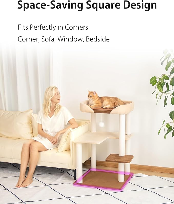Modern Cat Tree for Large Cats, 37.5-Inch Tall Cat Tree Tower with Wide Shelves Low Step Cotton Scratching Posts, Super Sturdy Base, Cozy Perches, and Interactive Toys for Indoor (95cm White)