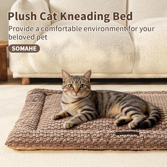 SOMAHE Plush Cat Kneading Bed Mat, Premium Plush Fabric Bed with Non-Slip Bottom, 3cm Thick All-Season Cushion for Cats Who Knead, Machine Washable Anti-Static Pet Bed, 23x15 Inch, Coffee