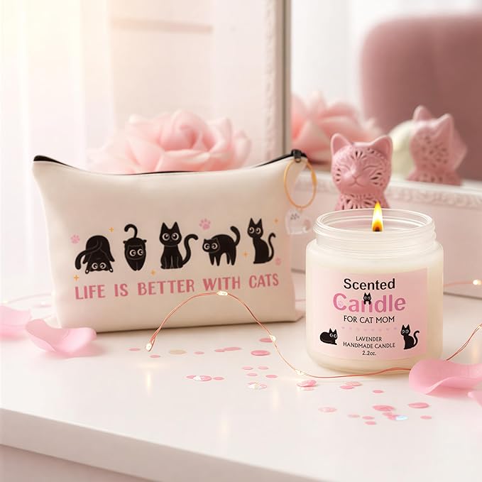 Xqumoi Cat Mom Gifts for Women - Cats Lover Gift Box for Mother's Day, Birthday, Christmas Cute Kitty Present Set for Crazy Cat's Lady Daughters Girls with Tumbler Makeup Bag Paw Socks Bookmark