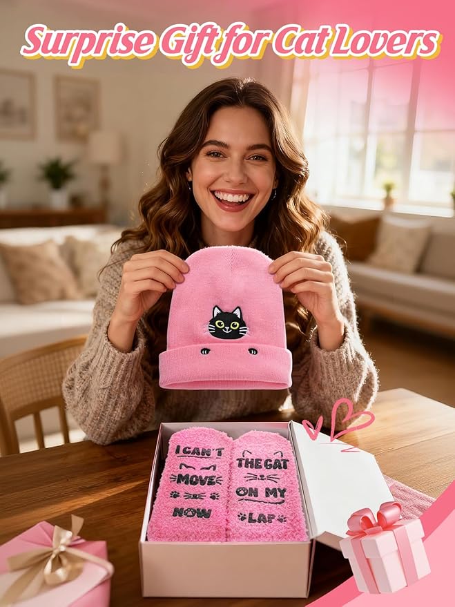 Cat Beanie and Funny Socks for Women - Cute Warm Gifts for Cat Lovers
