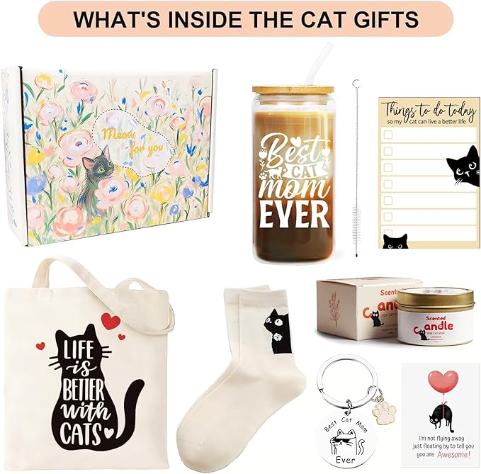 LUICONMO Cat Mom Gifts, Cat Lover Gifts For Women, Mothers Day Gift For Mom Cute Cats Themed Gift For Crazy Cat's Lady, Women, Daughters with 16oz Glass cup