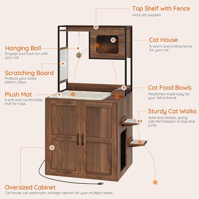 HOOBRO Cat Automatic Litter Box Enclosure Furniture, 30.5" L x 26.8" W x 61" H, Hidden Robotic Litter Box Cabinet, Dog-Proof Shelf with Charging Station, Scratching Mat, Bowls, Walnut WL68UMZ03N1