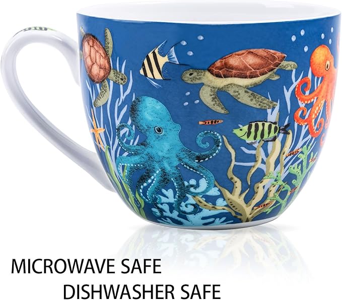 Summer Ocean Wonders Hug Mug - 20oz Deep Blue Bone China Coffee Mug with Sea Turtle, Octopus and Tropical Fish, Marine Life Themed Gift for Ocean Lovers, Designed in England by Harvest Green Studio