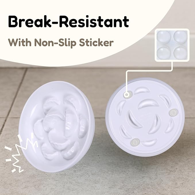 Melamine Cat Slow Feeder Bowl for Dry & Wet Food - Unbreakable Cat Food Plates for Slow Eating - Cute Puzzle Feeder - Whisker Friendly & Dishwasher Safe & Non SlipDesign - （White, 6.3" W*1.7H）