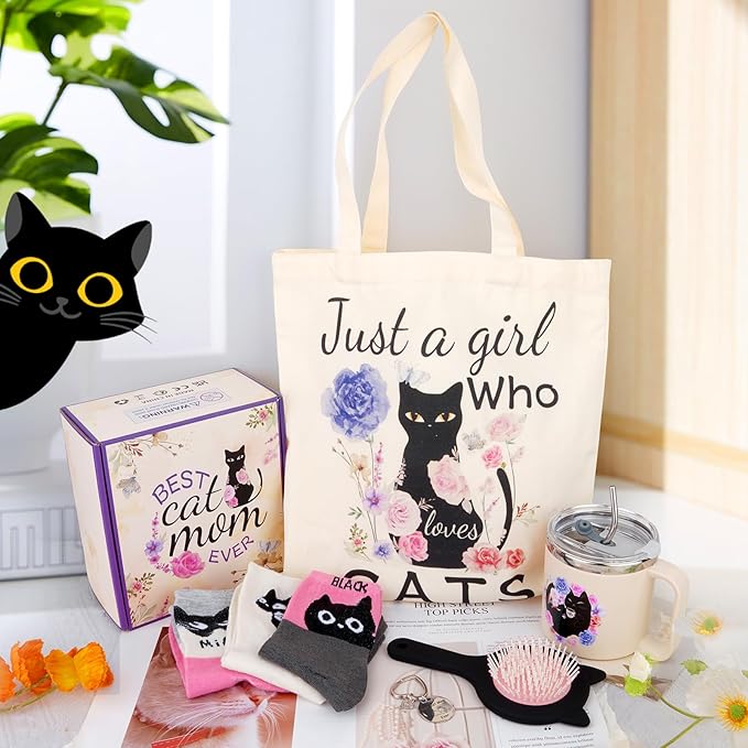 Cat Lover Gifts for Women, 7 Pcs Black Cat Themed Gift Set with Mug, Tote Bag, 3 Socks, Keychain & Comb. Perfect Kitten Themed Gifts for Women, Birthday, Mother's Day