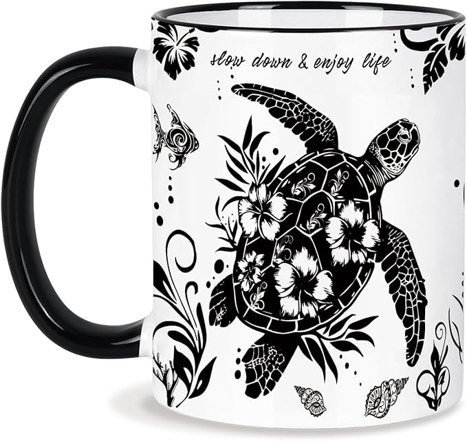 Sea Turtle Coffee Mug 11 Oz Sea Turtle Gifts Mothers Day Birthday Gift for Women Men, Boho Black and White Coffee Mug, Birthday Gifts for Friends Ceramic Mugs Microwave and Dishwasher Safe
