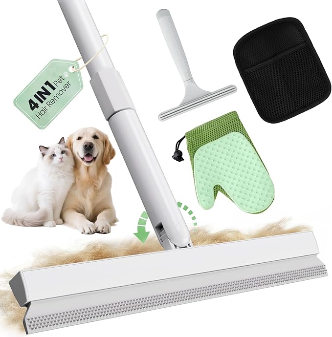 Carpet Rake for Pet Hair Removal Tool - 4 in 1 Pet Hair Remover Kit for Dog Cat Fur Remover, Contain 60" Adjustable Rubber Broom, Glove, Magic Brush and Scraper for Home Furniture, Rugs (Light Grey)