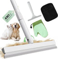 Carpet Rake for Pet Hair Removal Tool - 4 in 1 Pet Hair Remover Kit for Dog Cat Fur Remover, Contain 60" Adjustable Rubber Broom, Glove, Magic Brush and Scraper for Home Furniture, Rugs (Grey)